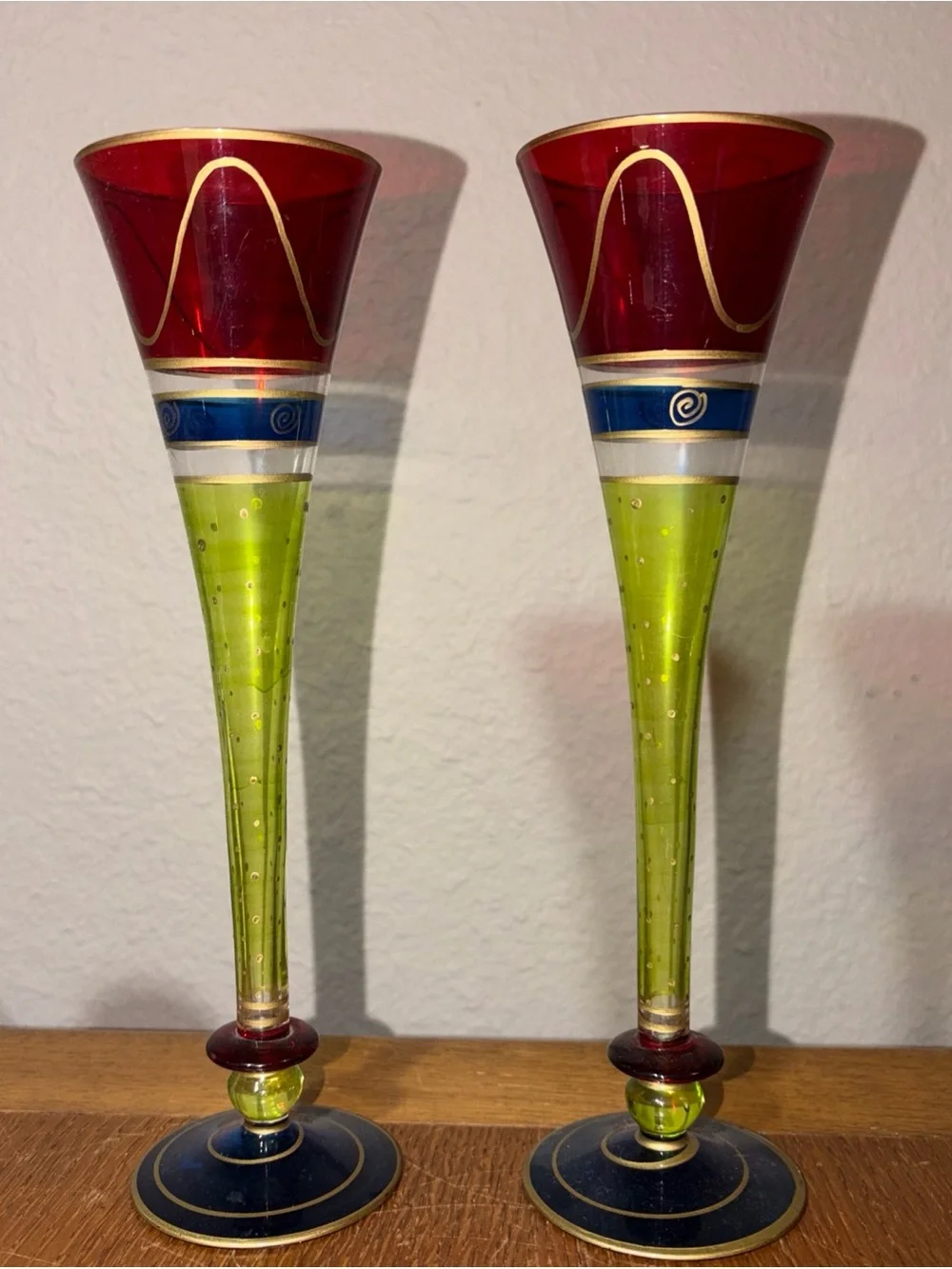 Champagne Flutes Pier 1 Romania Hand Painted Gold Decorated Glass Toasting Pair
